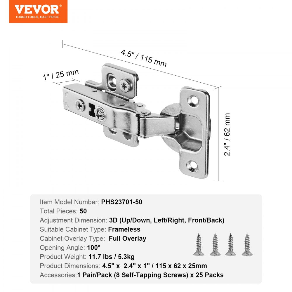 Cabinet Door Hinges 50 Packs Full Overlay Soft Close for Frameless Type