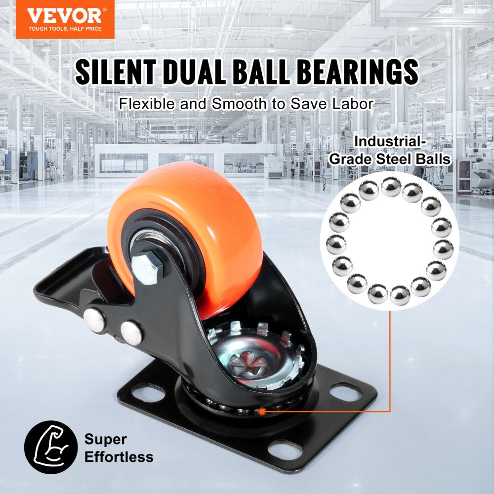 Caster Wheels, 2-inch Swivel Plate Casters, Set of 4, with Security Dual Locking No Noise PVC Wheels, Heavy Duty 150 lbs Load Capacity Per Caster, Non-Marking Wheels for Cart Furniture Workbench
