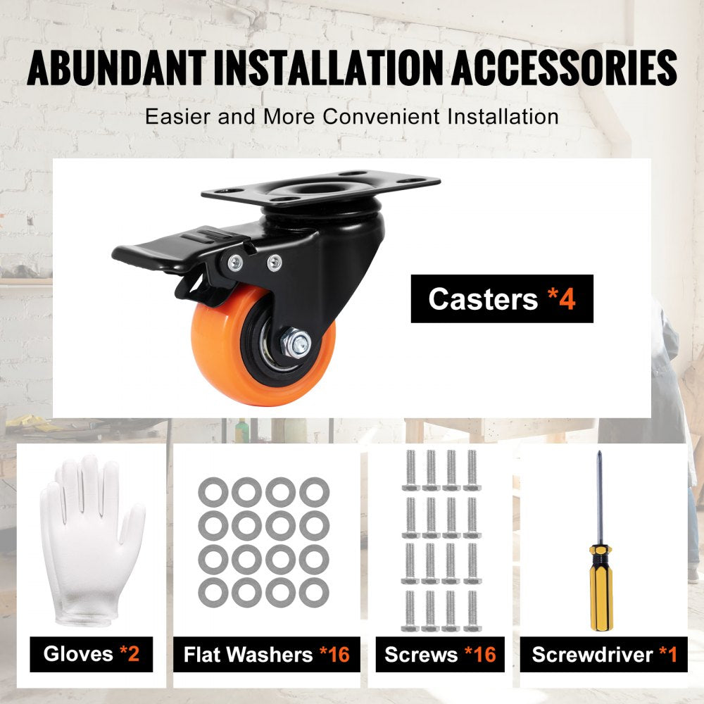 Caster Wheels, 2-inch Swivel Plate Casters, Set of 4, with Security Dual Locking No Noise PVC Wheels, Heavy Duty 150 lbs Load Capacity Per Caster, Non-Marking Wheels for Cart Furniture Workbench
