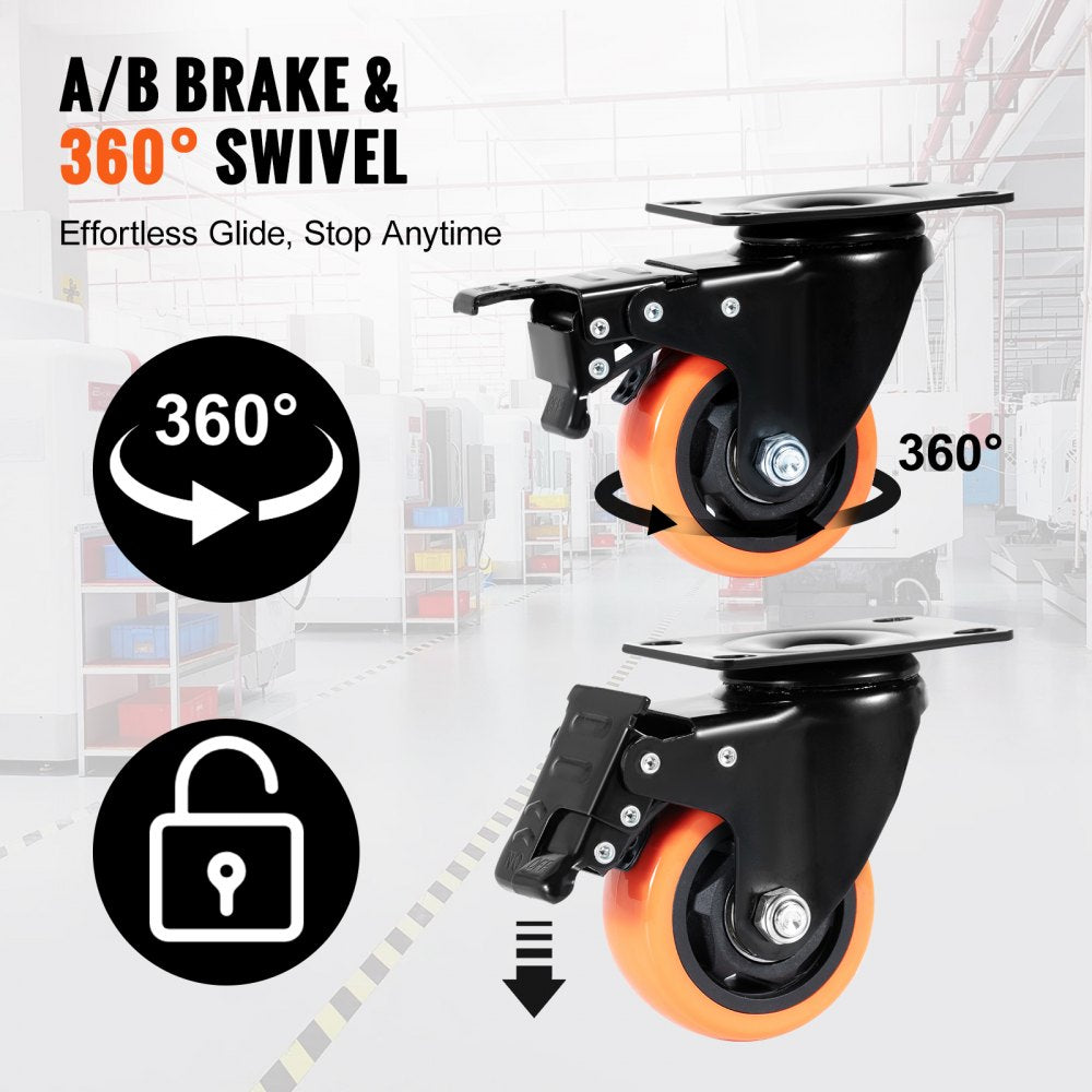 Caster Wheels, 3-inch Swivel Plate Casters, Set of 4, with Security A/B Locking No Noise PVC Wheels, Heavy Duty 250 lbs Load Capacity Per Caster, Non-Marking Wheels for Cart Furniture Workbench