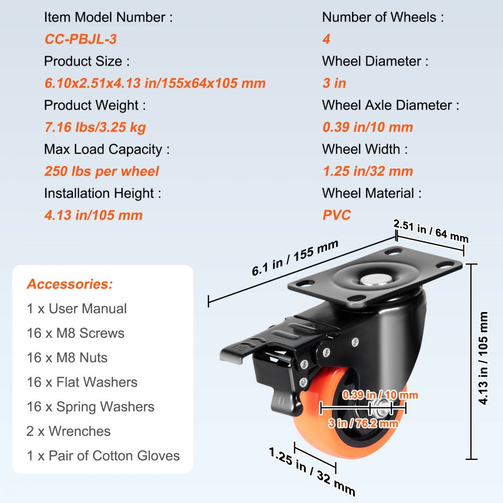 Caster Wheels, 3-inch Swivel Plate Casters, Set of 4, with Security A/B Locking No Noise PVC Wheels, Heavy Duty 250 lbs Load Capacity Per Caster, Non-Marking Wheels for Cart Furniture Workbench