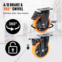 Caster Wheels, 5-inch Swivel Plate Casters, Set of 4, with Security A/B Locking No Noise PVC Wheels, Heavy Duty 450 lbs Load Capacity Per Caster, Non-Marking Wheels for Cart Furniture Workbench