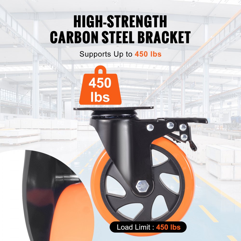 Caster Wheels, 5-inch Swivel Plate Casters, Set of 4, with Security A/B Locking No Noise PVC Wheels, Heavy Duty 450 lbs Load Capacity Per Caster, Non-Marking Wheels for Cart Furniture Workbench