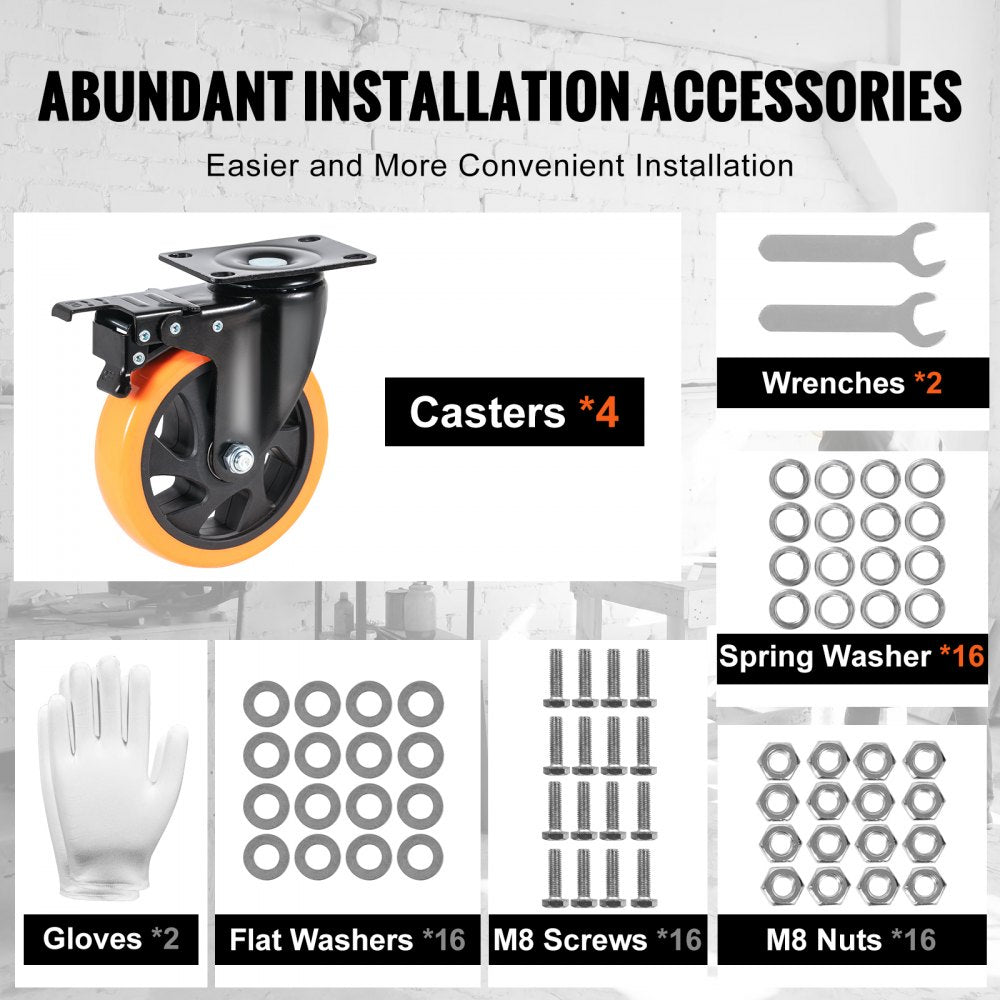 Caster Wheels, 5-inch Swivel Plate Casters, Set of 4, with Security A/B Locking No Noise PVC Wheels, Heavy Duty 450 lbs Load Capacity Per Caster, Non-Marking Wheels for Cart Furniture Workbench
