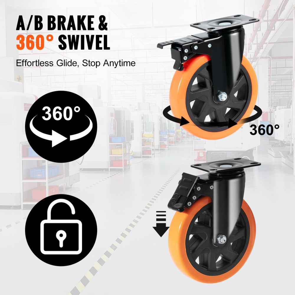 Caster Wheels, 6-inch Swivel Plate Casters, Set of 4, with Security A/B Locking No Noise PVC Wheels, Heavy Duty 700 lbs Load Capacity Per Caster, Non-Marking Wheels for Cart Furniture Workbench