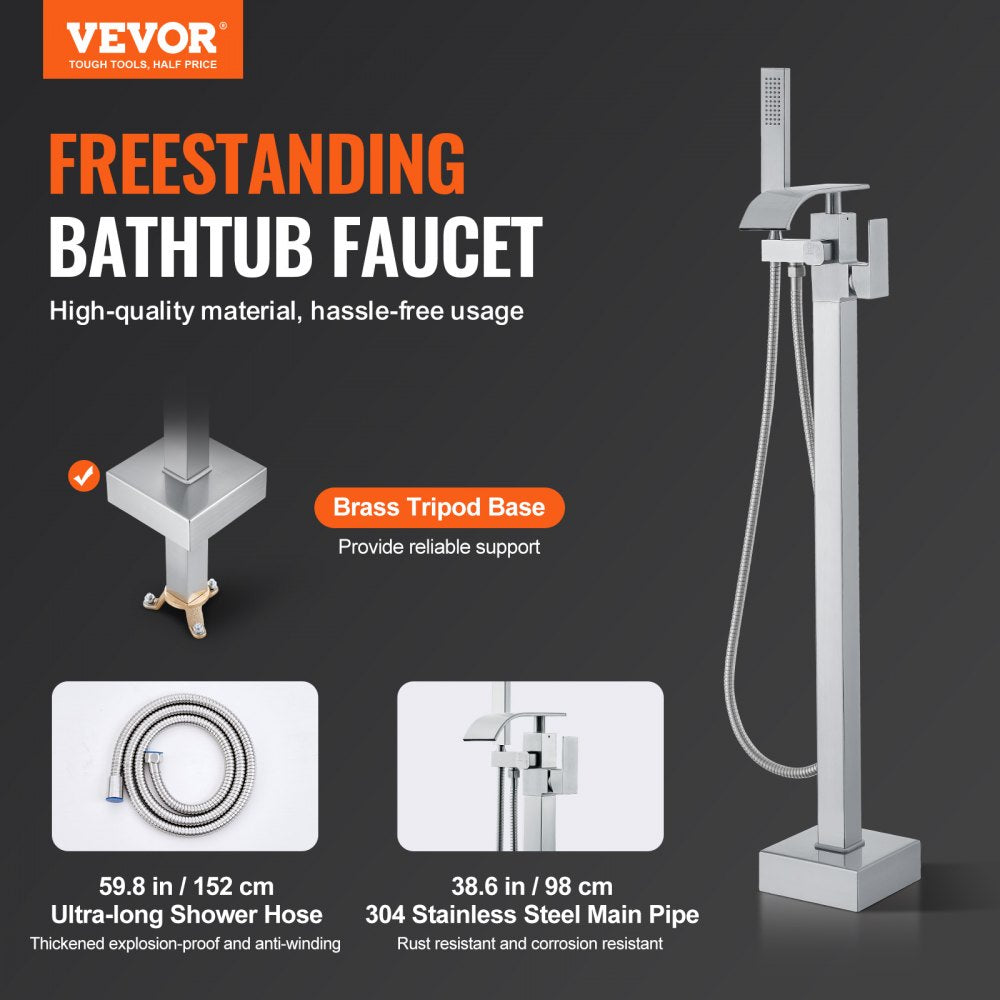 Brushed brass freestanding bathtub faucet with a 360° swivel spout and handheld shower.