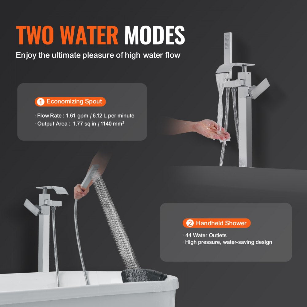 Bostome freestanding bathtub faucet with brushed brass finish and 360° swivel spout.