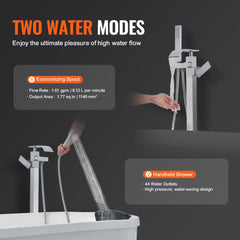 Bostome freestanding bathtub faucet with brushed brass finish and 360° swivel spout.
