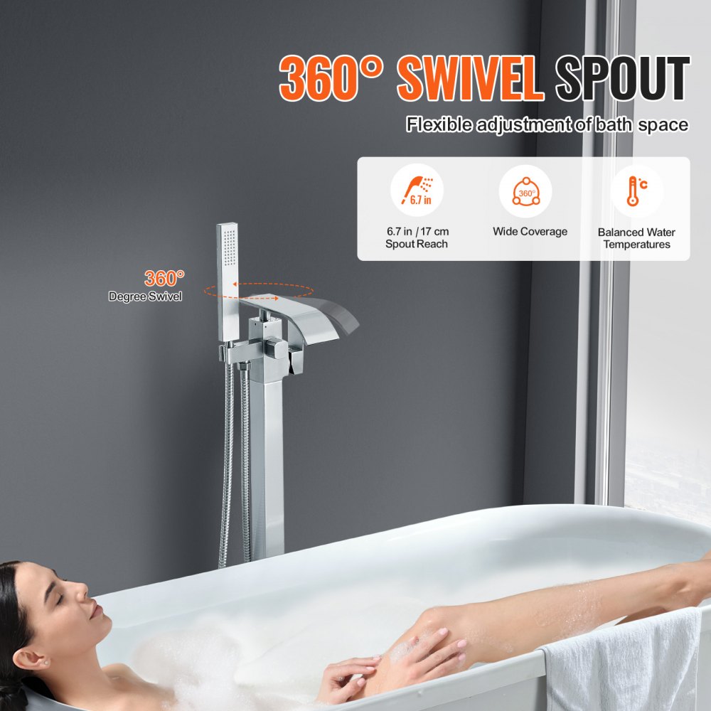 Brushed brass freestanding bathtub faucet with 360° swivel spout and handheld shower attachment.