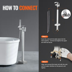 Brushed brass freestanding bathtub faucet with a 360° swivel spout and handheld shower.