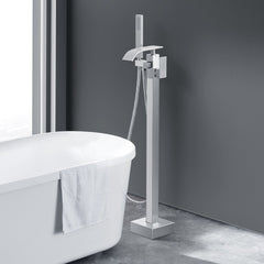 Brushed brass freestanding bathtub faucet with 360° swivel spout and handheld shower.