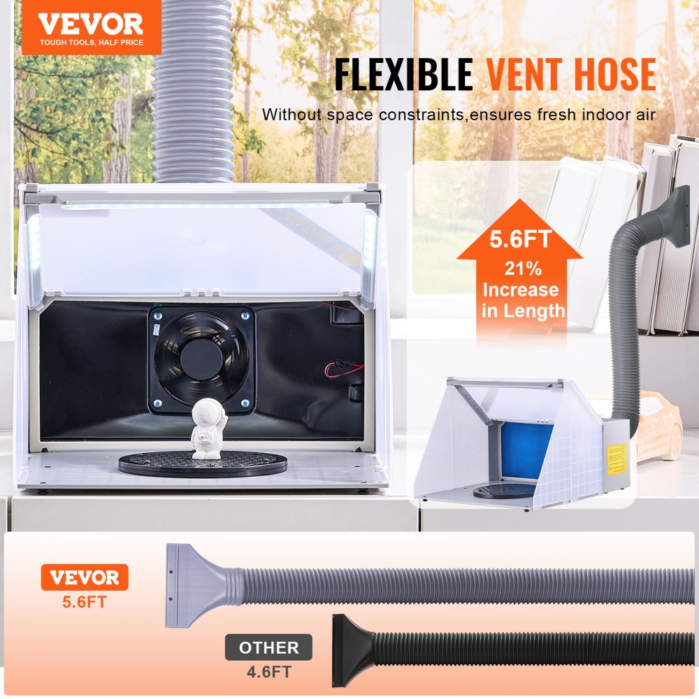 Portable airbrush spray booth with fan, 5.6 ft vent hose, turntable, and LED lights for models.