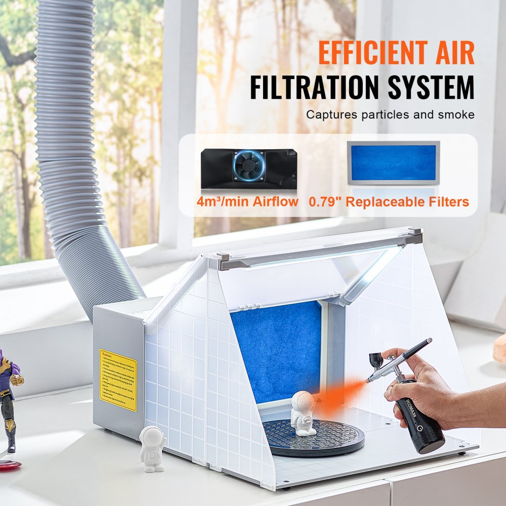 Portable airbrush spray booth with exhaust hose, filter, LED lights, and rotating turntable for hobby models.