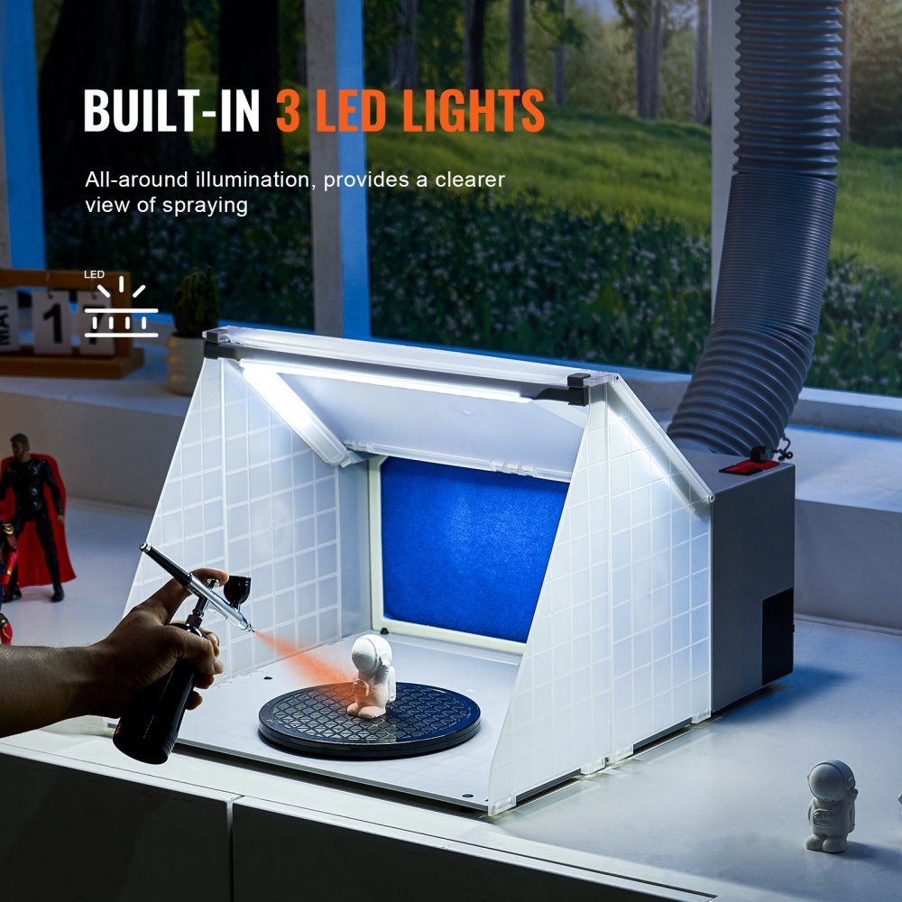 Portable airbrush spray booth with built-in 3 LED lights, turntable, and exhaust hose for hobby models.