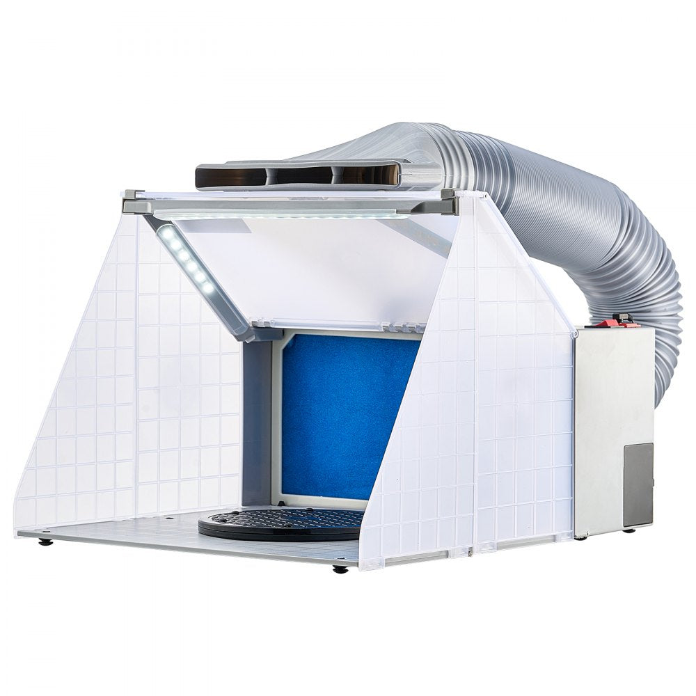Portable airbrush spray booth with exhaust hose, LED lights, blue filter, and rotating turntable.