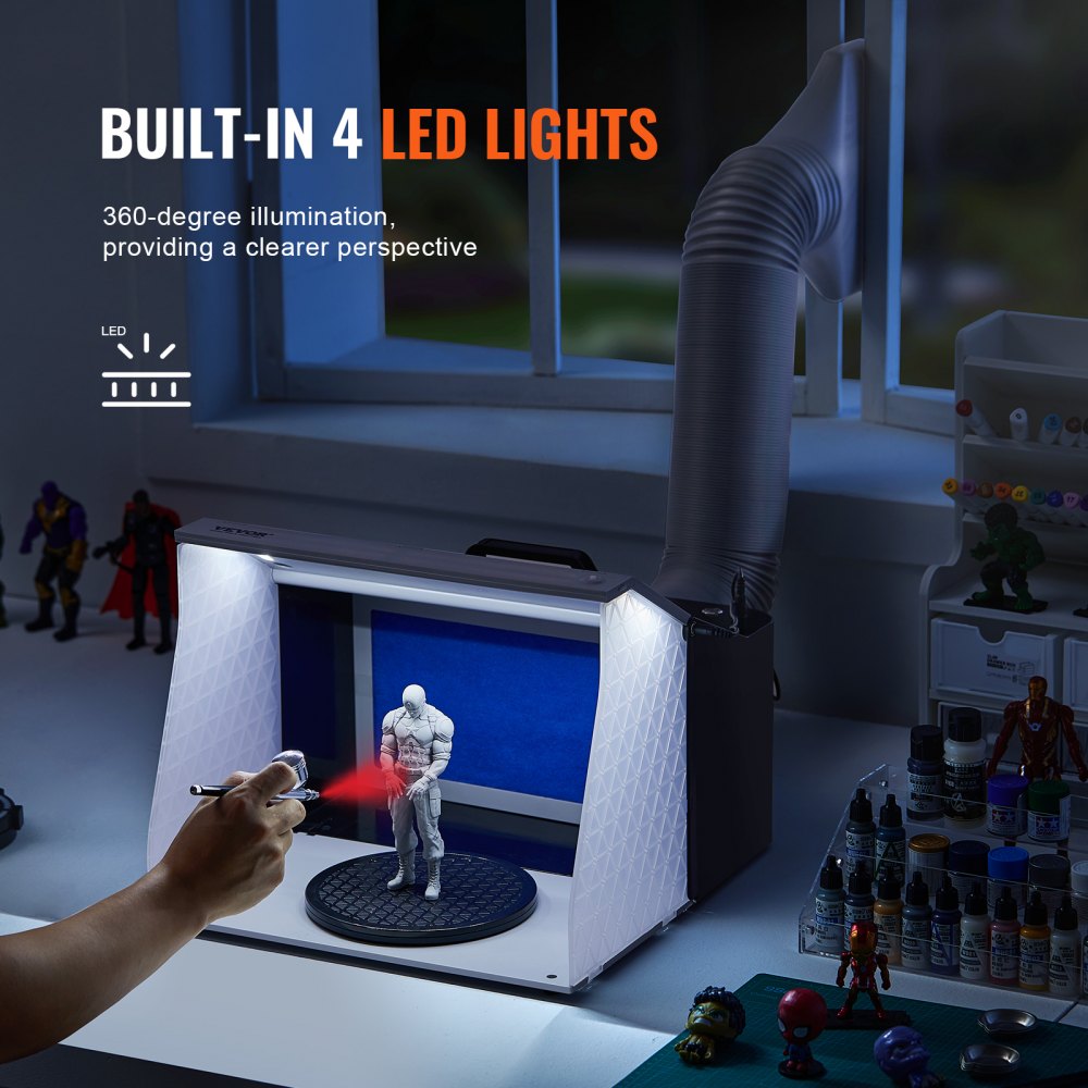 Bostome Portable Airbrush Spray Booth Kit with dual fans, LED lights, and a detachable turntable.