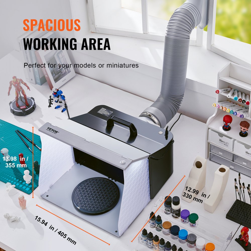 Bostome Portable Airbrush Spray Booth Kit with dual fans, 4 LED lights, and a detachable turntable.