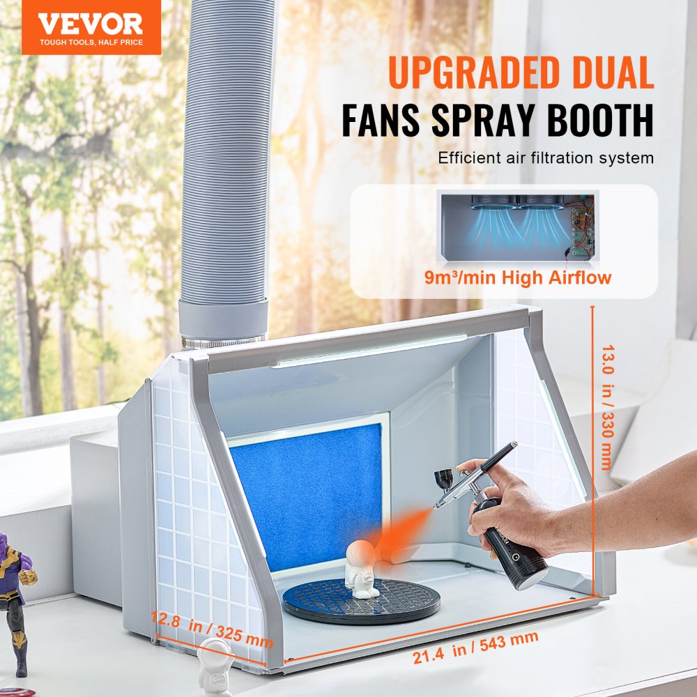 Portable dual-fan airbrush spray booth with exhaust hose, filter, turntable, and LED lights.