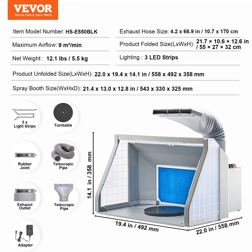 Portable dual-fan airbrush spray booth with exhaust hose, LED lights, and turntable.