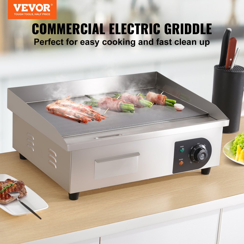 Commercial Electric Griddle, 21", 1600W Countertop Flat Top Grill, Stainless Steel Teppanyaki Grill with Non Stick Iron Cooking Plate, 122-572℉ Adjustable Temp Control 2 Shovels & Brushes, 110V