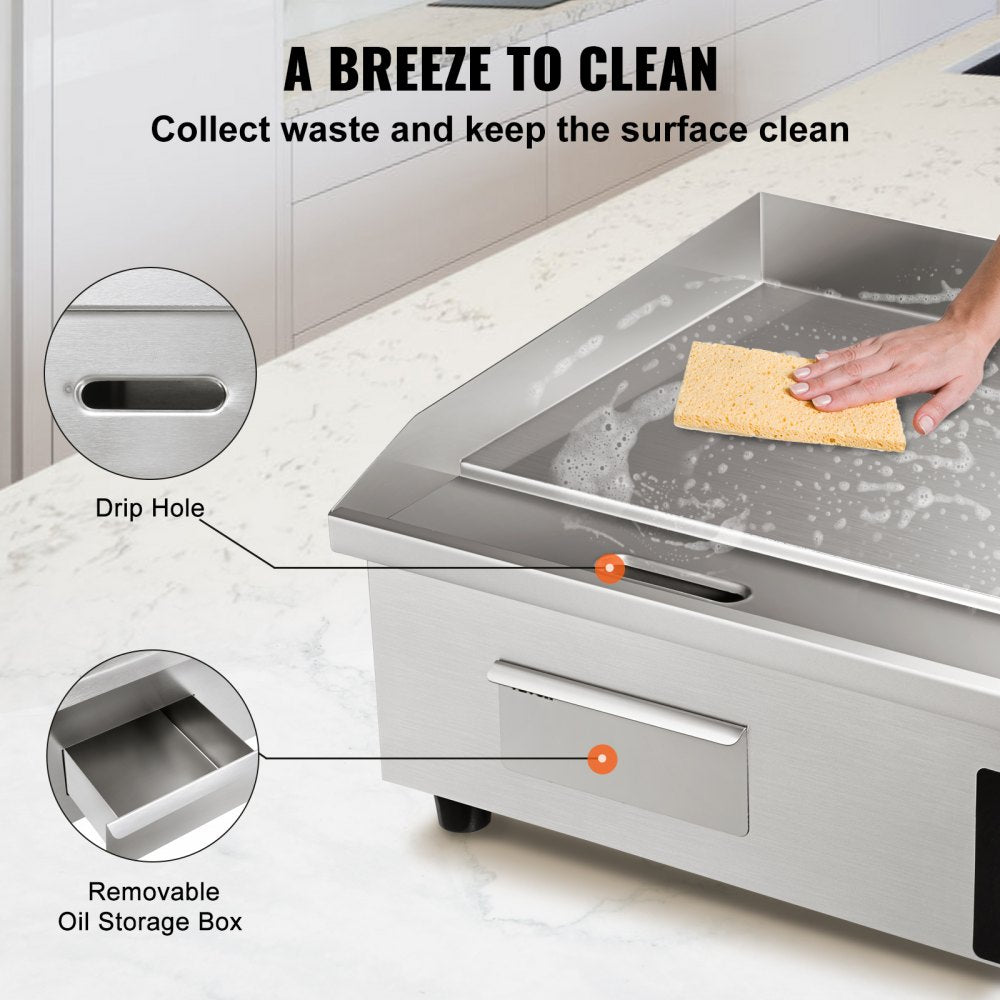 Commercial Electric Griddle, 21", 1600W Countertop Flat Top Grill, Stainless Steel Teppanyaki Grill with Non Stick Iron Cooking Plate, 122-572℉ Adjustable Temp Control 2 Shovels & Brushes, 110V