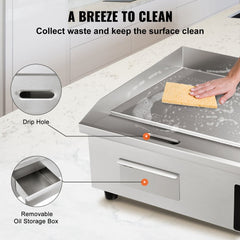 Commercial Electric Griddle, 21", 1600W Countertop Flat Top Grill, Stainless Steel Teppanyaki Grill with Non Stick Iron Cooking Plate, 122-572℉ Adjustable Temp Control 2 Shovels & Brushes, 110V