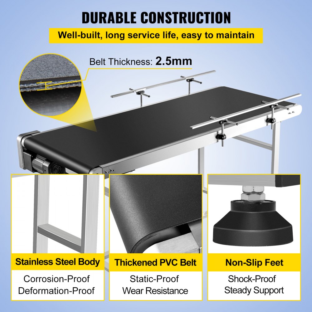 Belt Conveyor Length 59-Inch, PVC Conveyor Belt Width 23.6-Inch, Motorized Conveyor Industrial Transport Conveyor w/ Double Guardrails Anti-static Adjustable Conveyor Table Electric Handling