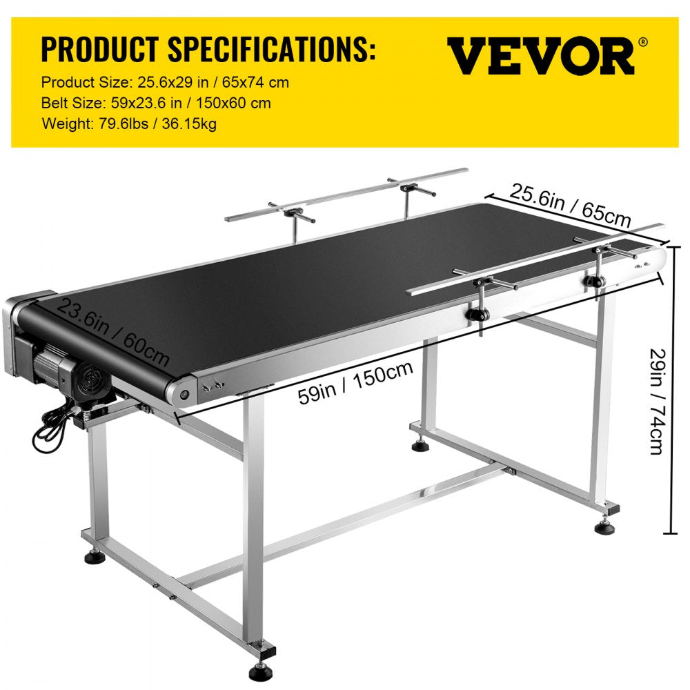 Belt Conveyor Length 59-Inch, PVC Conveyor Belt Width 23.6-Inch, Motorized Conveyor Industrial Transport Conveyor w/ Double Guardrails Anti-static Adjustable Conveyor Table Electric Handling