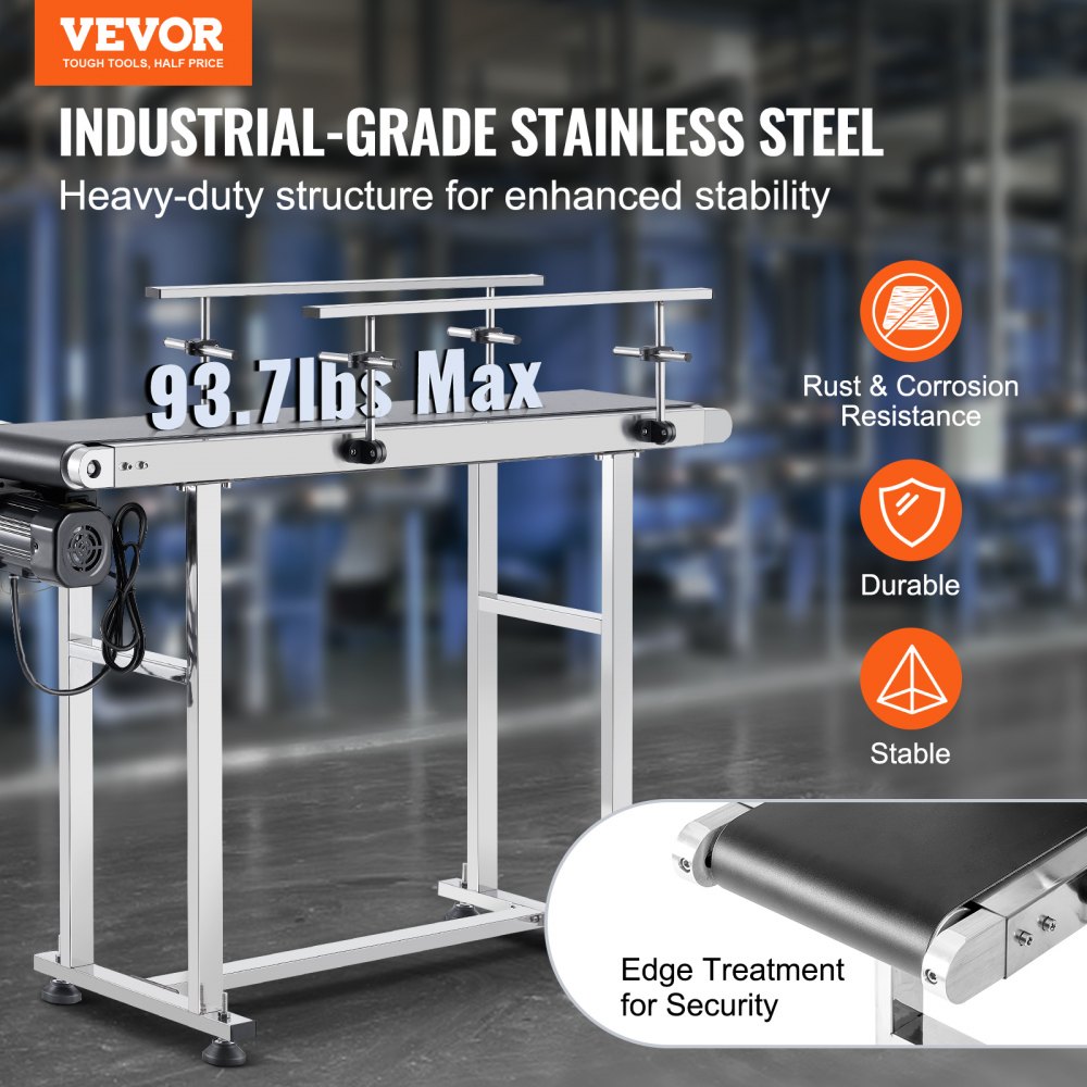 Belt Conveyor, 47 x 7.8 inch Conveyor Table, Heavy Duty Stainless Steel Motorized Belt Conveyor for Inkjet Coding Applications Powered PVC Belt Anti-Static Adjustable Speed (Double Guardrail)