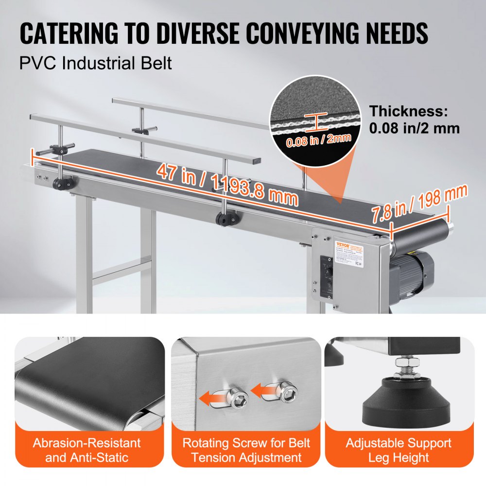 Belt Conveyor, 47 x 7.8 inch Conveyor Table, Heavy Duty Stainless Steel Motorized Belt Conveyor for Inkjet Coding Applications Powered PVC Belt Anti-Static Adjustable Speed (Double Guardrail)