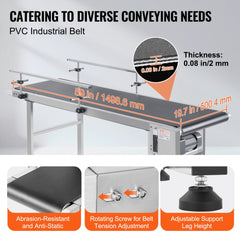 Belt Conveyor, 59 x 19.7 inch Conveyor Table, Heavy Duty Stainless Steel Motorized Belt Conveyor for Inkjet Coding Applications Powered PVC Belt Anti-Static Adjustable Speed (Double Guardrail)