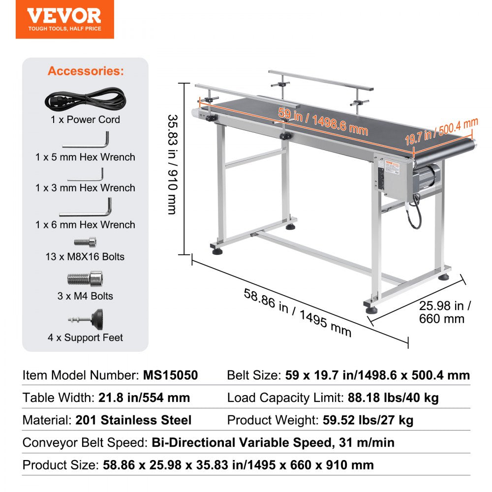 Belt Conveyor, 59 x 19.7 inch Conveyor Table, Heavy Duty Stainless Steel Motorized Belt Conveyor for Inkjet Coding Applications Powered PVC Belt Anti-Static Adjustable Speed (Double Guardrail)