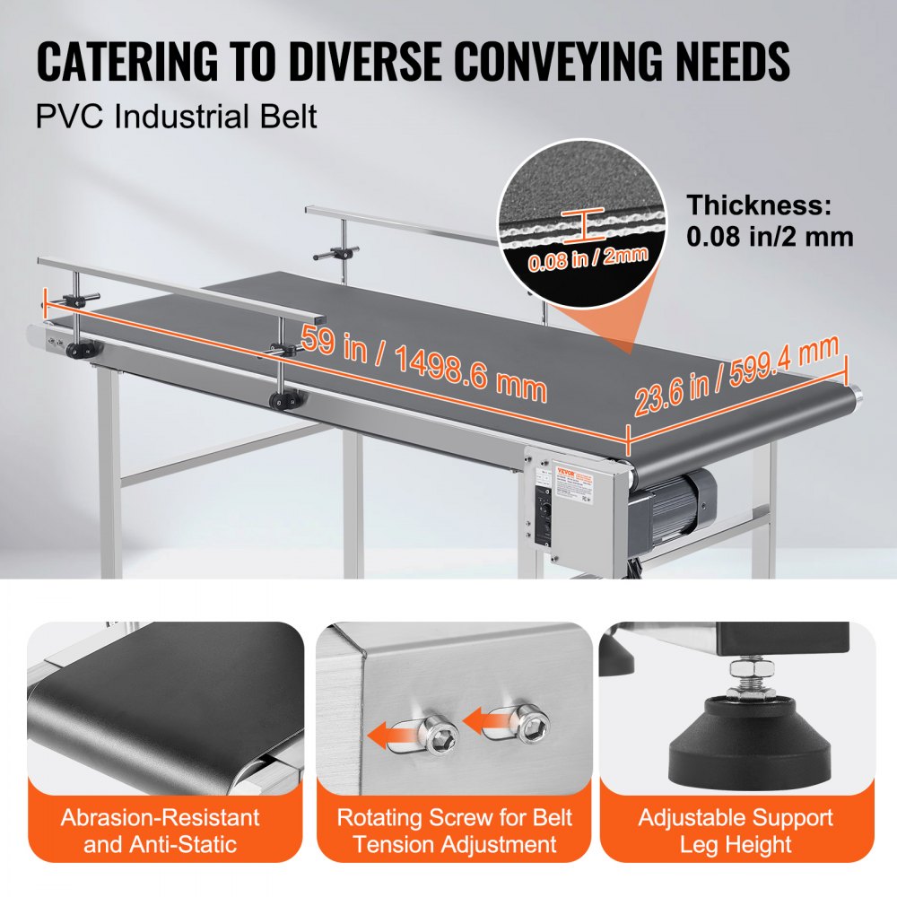 Belt Conveyor, 59 x 23.6 inch Conveyor Table, Heavy Duty Stainless Steel Motorized Belt Conveyor for Inkjet Coding Applications Powered PVC Belt Anti-Static Adjustable Speed (Double Guardrail)