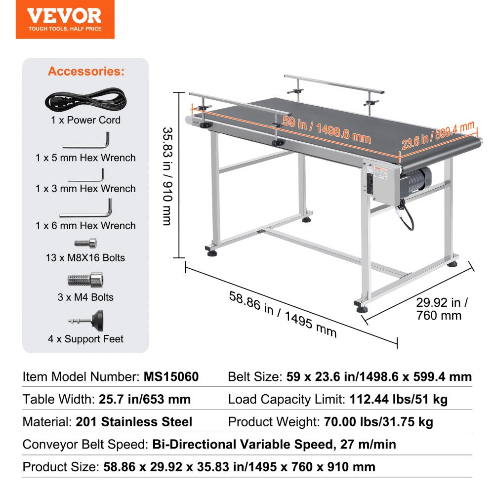 Belt Conveyor, 59 x 23.6 inch Conveyor Table, Heavy Duty Stainless Steel Motorized Belt Conveyor for Inkjet Coding Applications Powered PVC Belt Anti-Static Adjustable Speed (Double Guardrail)