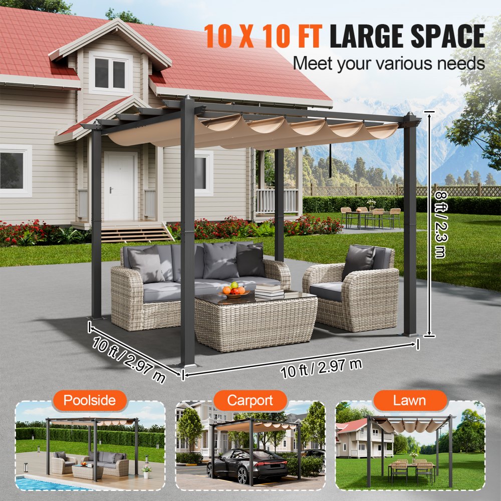 10`x10` Outdoor Retractable Pergola with Sun Shade Canopy Aluminum Beige