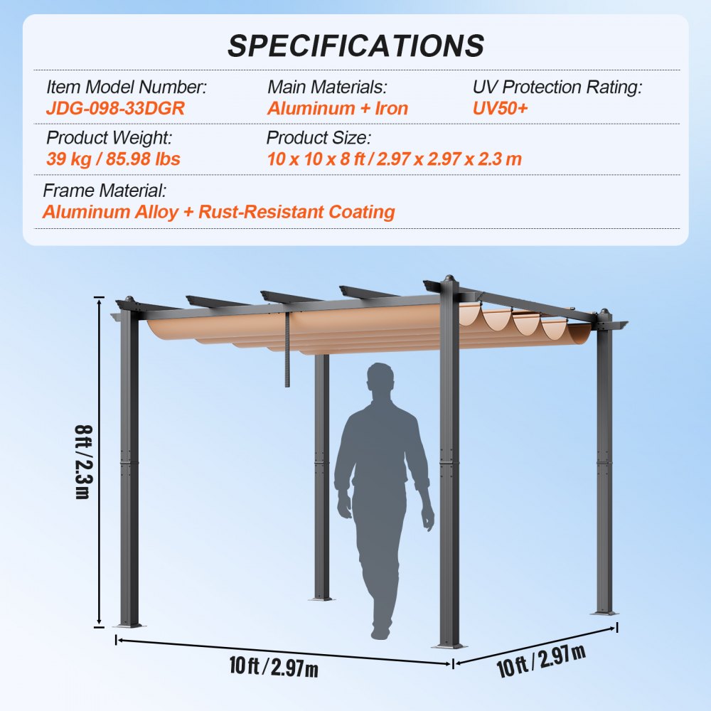 10`x10` Outdoor Retractable Pergola with Sun Shade Canopy Aluminum Beige