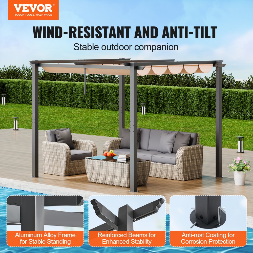 10`x10` Outdoor Retractable Pergola with Sun Shade Canopy Aluminum Beige