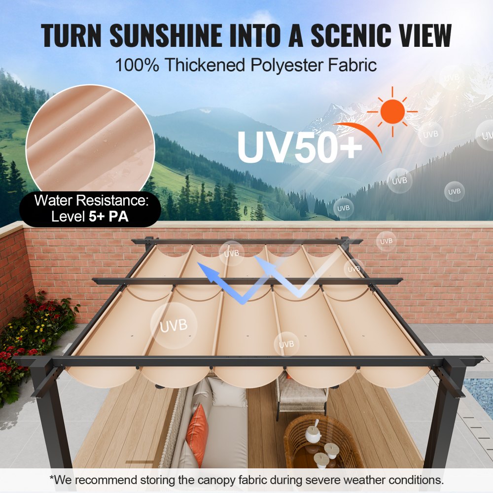 10`x10` Outdoor Retractable Pergola with Sun Shade Canopy Aluminum Beige