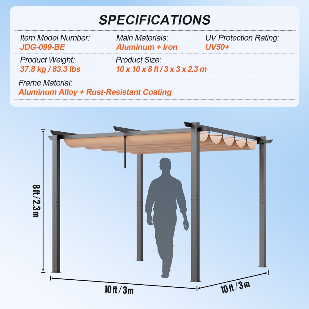 10`x10` Outdoor Retractable Pergola with Sun Shade Canopy Aluminum Beige