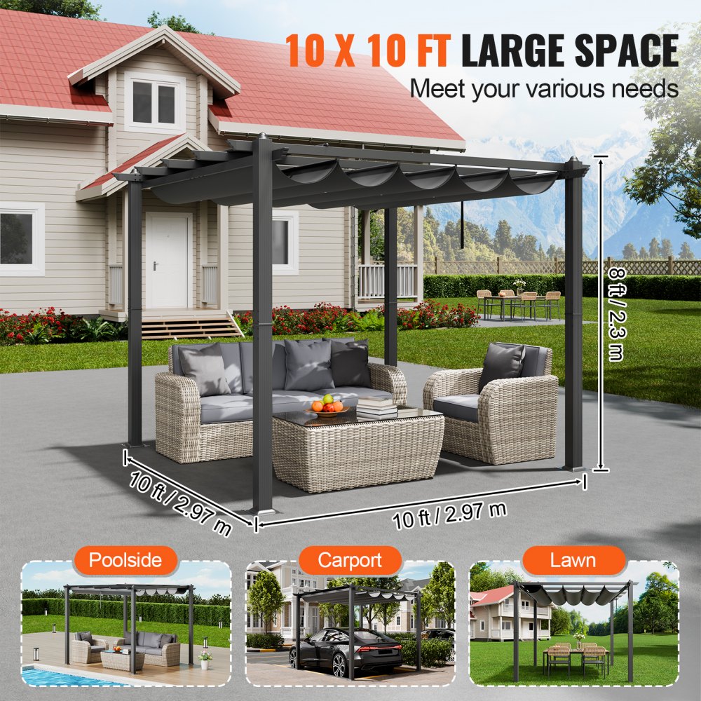 10`x10` Outdoor Retractable Pergola with Sun Shade Canopy Aluminum Gray