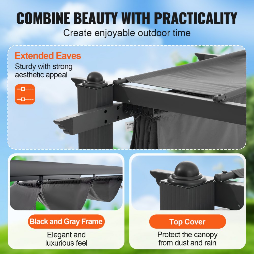 10`x10` Outdoor Retractable Pergola with Sun Shade Canopy Aluminum Gray