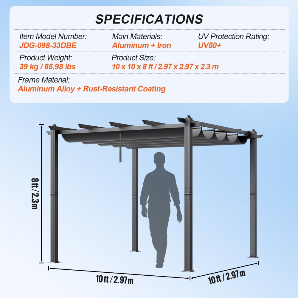 10`x10` Outdoor Retractable Pergola with Sun Shade Canopy Aluminum Gray
