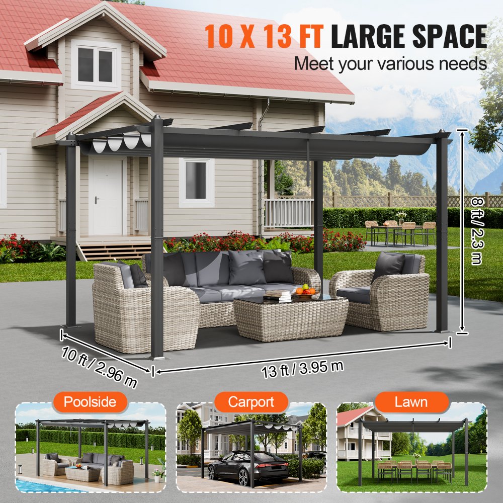 10`x13` Outdoor Retractable Pergola with Sun Shade Canopy Aluminum Gray
