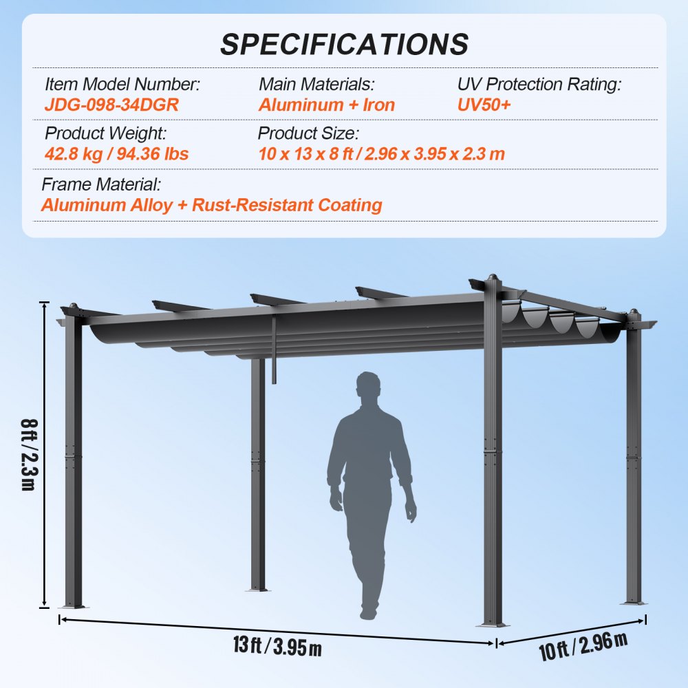 10`x13` Outdoor Retractable Pergola with Sun Shade Canopy Aluminum Gray