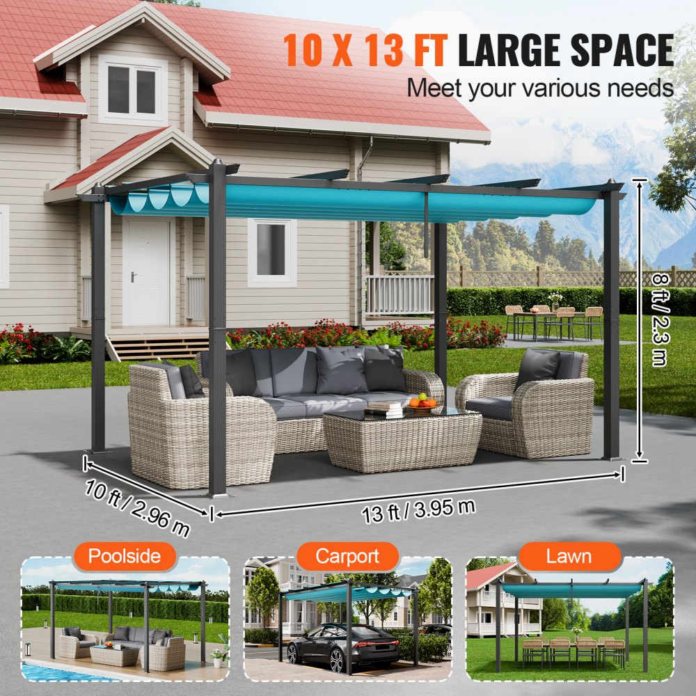10`x13` Outdoor Retractable Pergola with Sun Shade Canopy Aluminum Bule