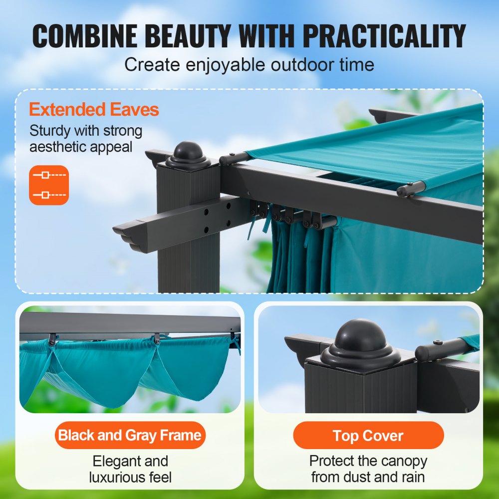 10`x13` Outdoor Retractable Pergola with Sun Shade Canopy Aluminum Bule