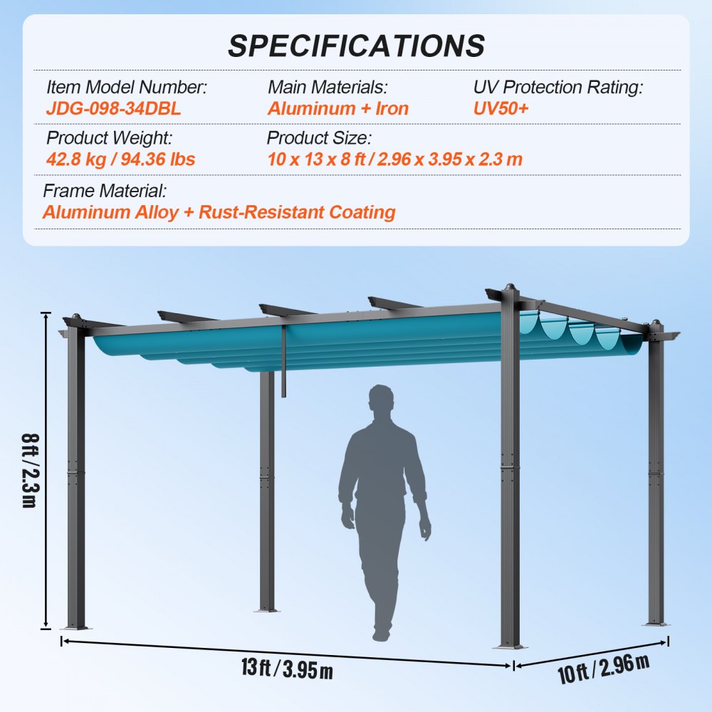 10`x13` Outdoor Retractable Pergola with Sun Shade Canopy Aluminum Bule