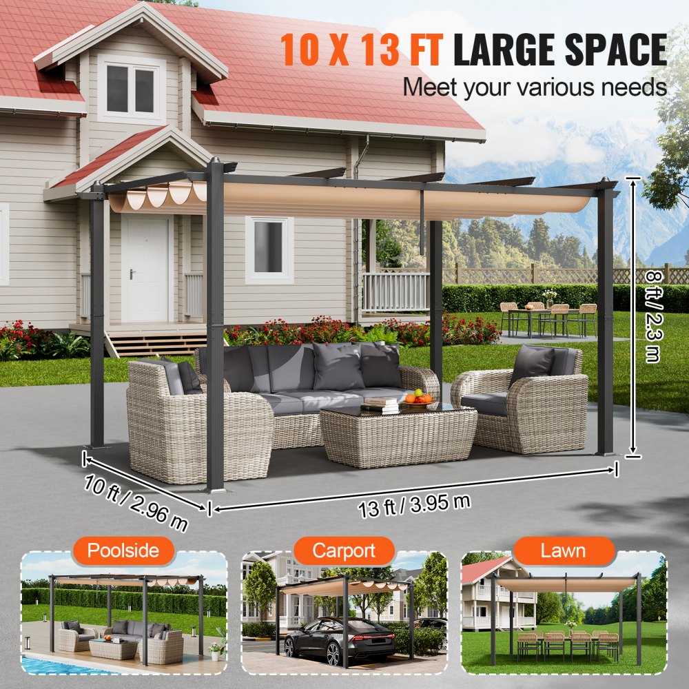 10`x13` Outdoor Retractable Pergola with Sun Shade Canopy Aluminum Beige