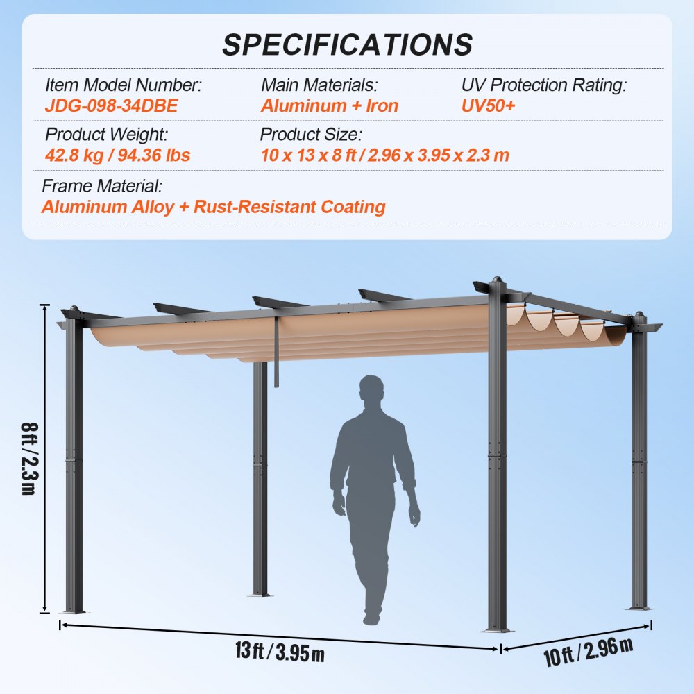 10`x13` Outdoor Retractable Pergola with Sun Shade Canopy Aluminum Beige
