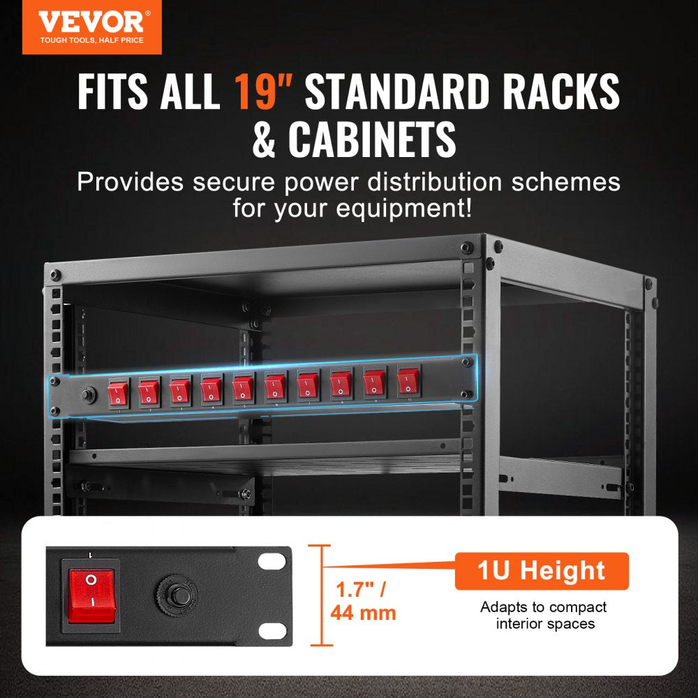 19" 1U PDU 10 Outlets Rack Mount Power Strip Surge  Overload Protection